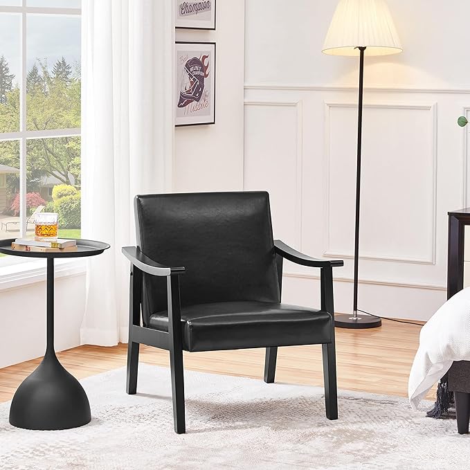 Yaheetech PU Leather Accent Chair Mid-Century Modern Armchair with Solid Wood Legs Reading Leisure Chair with High Back for Living Room Bedroom Waiting Room Black