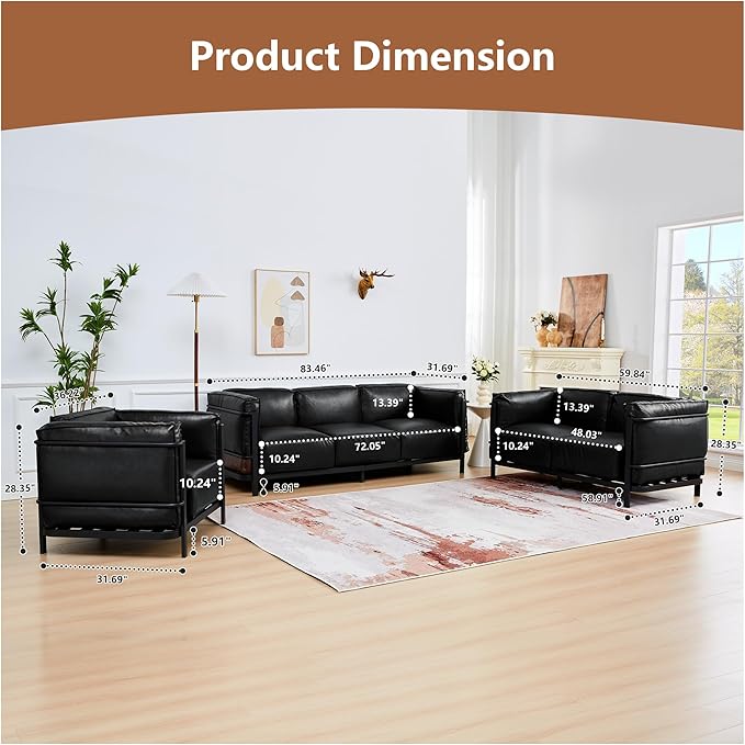 2 Piece Living Room Sofa set Mid-Century Modern Upholstered Couch Chair Faux Leather Sofa Couch with Iron Frame and Upholstered Armrest Backrest Cushion for Living Room Office Apartment (Black)