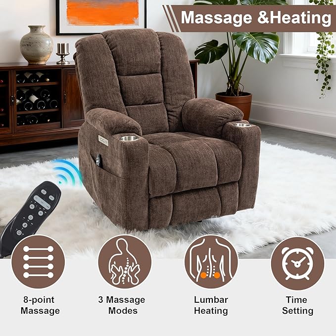 Power Lift Recliner Chair for Eldery Chenille Electric Recliner Chairs with Massage and Heat Remote Control Standing Assistance Lay Flat Recliner Sofa for Living Room Medium-FirmBrown