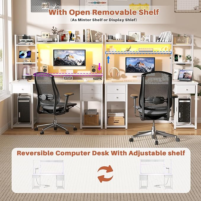 Aheaplus Desk with LED and Outlets Gaming Desk with Hutch 47.2'' Computer Desk with Drawers Reversible Office Desk with Storage Bookshelf Large Workstation Desk with Shelf Desk for Home White