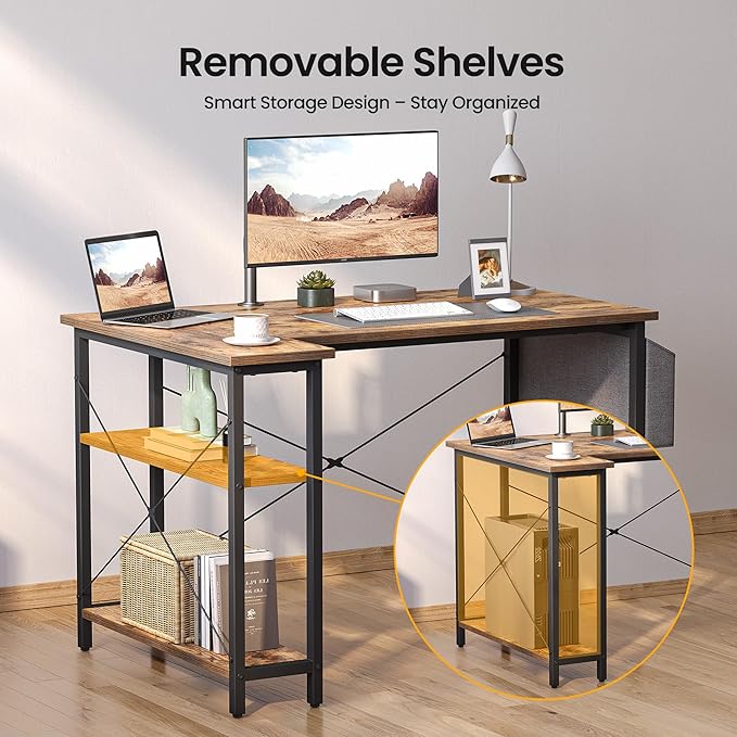 CubiCubi L Shaped Desk 55 Computer Table with Reversible Storage Shelves Home Office Corner Study Writing Gaming Rustic Brown