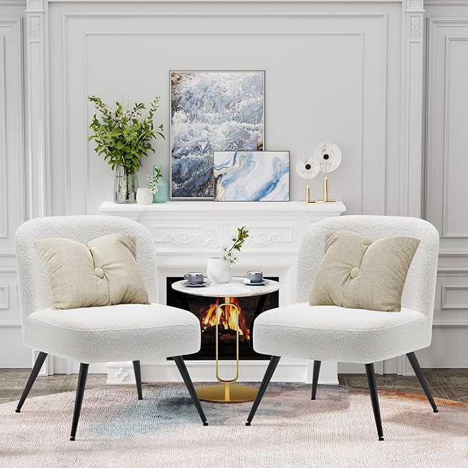 Andeworld Modern Accent Chair Set of 2 Upholstered Sherpa Velvet Living Room Chairs Elegant Armless Cute Small Side Club Chair with Golden Legs for Bedroom-White