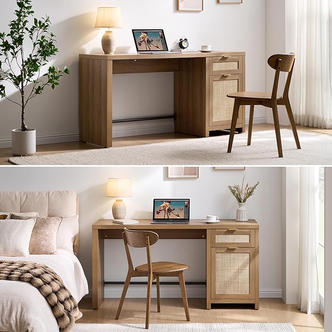 SICOTAS Rattan Home Office Desk 2 Pieces Farmhouse Boho Executive Desk with Storage Cabinets and Drawers Larger Writing Desk for Office Study Living Room Oak