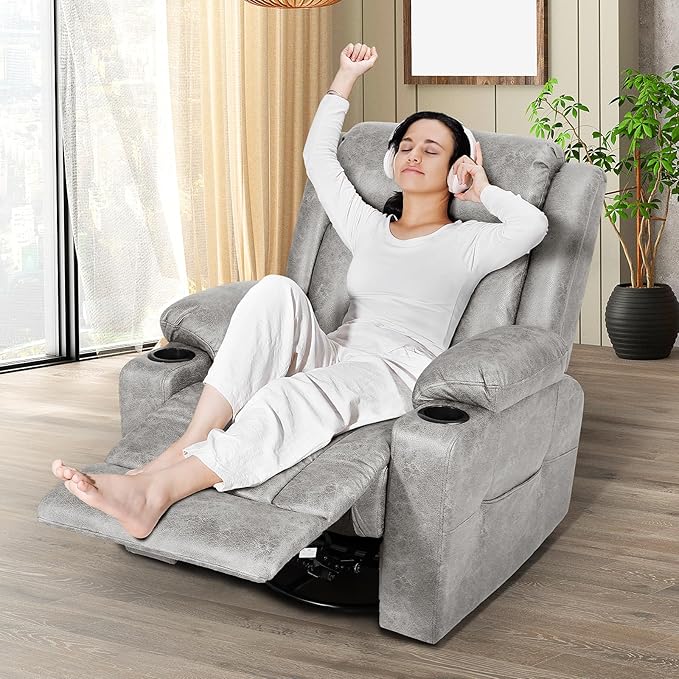 LEVELEVE Retro Rocking Recliner Chair Massage Rocker Recliner Chair with Vibration Massage and Heat USB and Type-C Ports360° Swivel ChairsLiving Room Bedroom Nursery RV Light Grey
