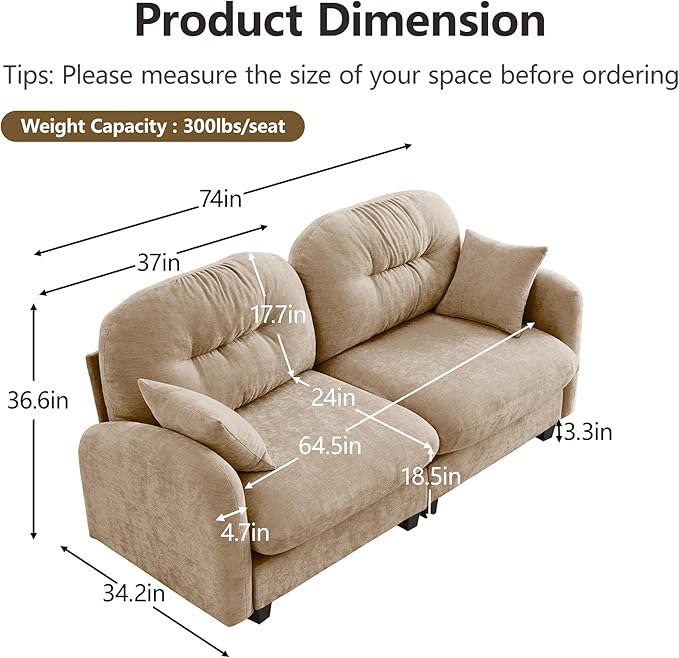 74 Modular Sectional Sofa Cloud Couch Modern Loveseat Sofa Deep Seat Sectional Couches for Living Room Comfy Chenille Couch for Small Spaces Oversized Modular Couches for BedroomCamel