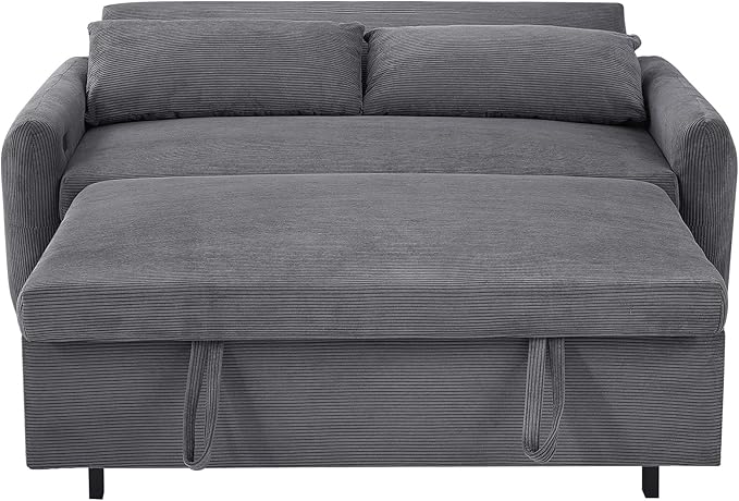 Pull-Out Sofa Bed Convertible Couch 2 Seat Loveseat Sofa Corduroy Fabric Upholstered Sleeper Sofa with 2 Throw Pillows and USB Ports for Living Room Office Apartment (Dark Grey)