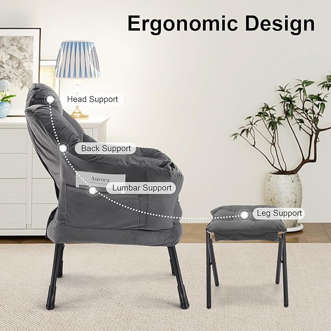 Lazy Chair with OttomanOversized Accent Chair with Thick Cushion Side PocketModern Lounge Arm Reading Chair and Folding Footrest for Living RoomBedroomOfficeDormApartment Darkgrey