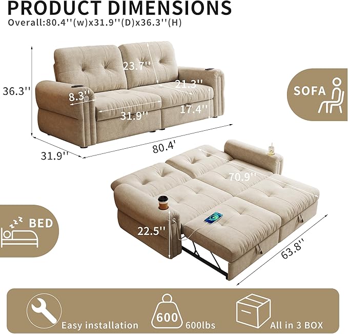 80.4 Convertible Sofa Bed with Cup Holders and Adjustable Backres Chenille Loveseat Sleeper Sofa with Pull Out Bed and USB Charging 3 in 1 Multi-Functional Couches (Beige 80.4-inch)