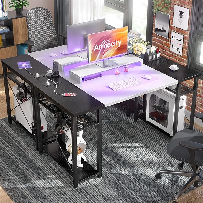 Armocity Computer Desk with LED Lights 55 Inch Desk with Power Outlet and USB Reversible Large Desk with Moveable Monitor Stand 55.2'' Gaming PC Table for Home Office Workstation White and Black