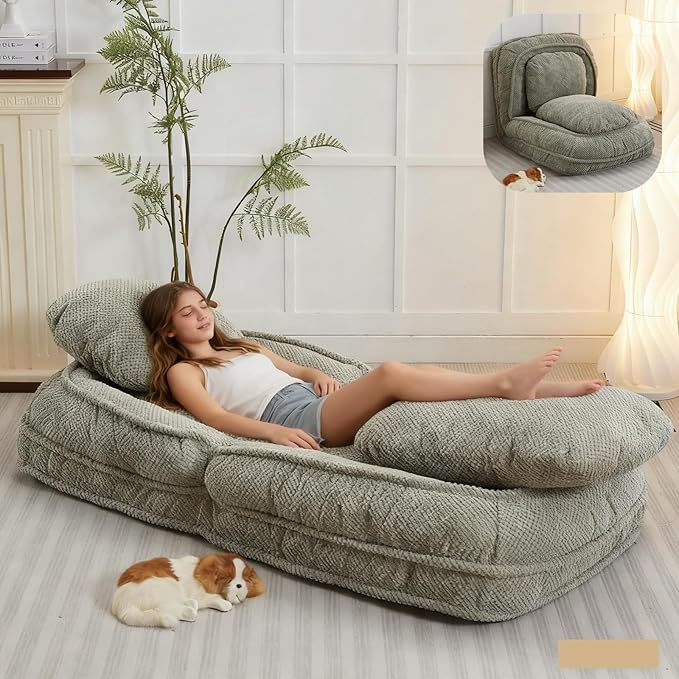 Foldable Lazy Sofa Bed Polyester Upholstered Human Dog Bed for Adults and Pets with 5 Adjustable Backrest Positions and 2 Soft Cushions for Living Room Bedroom Green