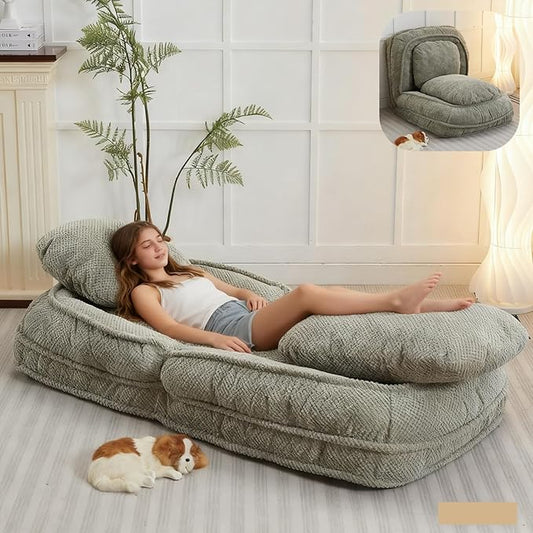 Foldable Lazy Sofa Bed Polyester Upholstered Human Dog Bed for Adults and Pets with 5 Adjustable Backrest Positions and 2 Soft Cushions for Living Room Bedroom Green