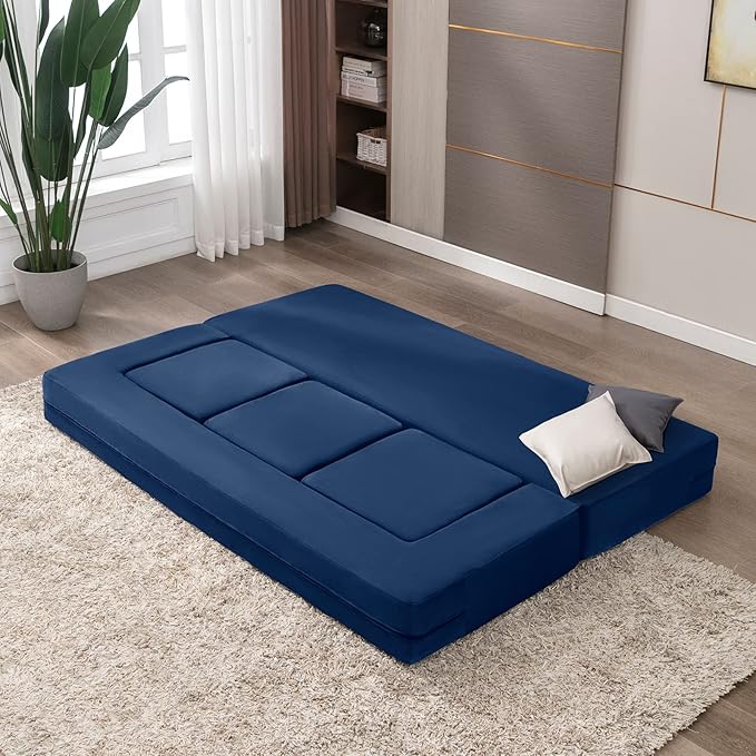 CECER 80 Convertible Floor Sofa BedFolding Sofa Bed with 3 OttomansVelvet Modular Sectional Futon SleeperFoldable Memory Foam Couch for Living Room/Guest Room/Playroom（Blue）