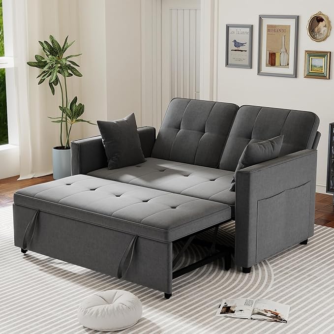 Pull Out Sofa Bed: 56 Grey 3 in 1 Convertible Sleeper Sofa Bed Velvet Loveseat Sleeper Couch with Storage Comfy Futon Couch Beds for Living Room | Velvet