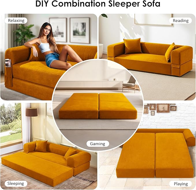 80 Convertible Sofa Bed Corduroy Deep Seat Folding Pull Out Couch with Pillows No Assembly Modern Boneless Couch Compression Sofa in Box Floor Sofa with Storage Pocket for Living RoomYellow