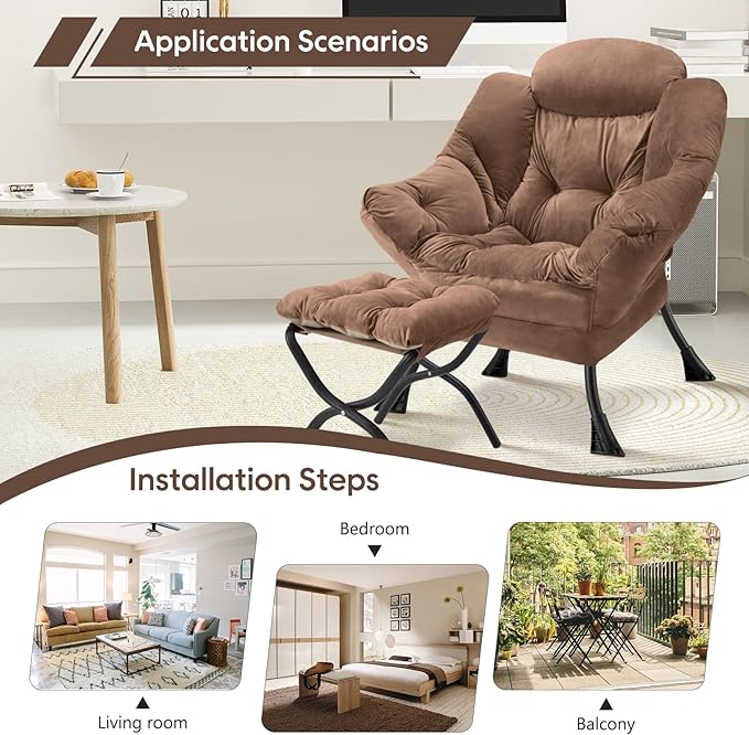 Lazy Chair with Folding Ottoman Modern Large Accent ChairContemporary Lounge Leisure Sofa Chair with Armrests Upholstered Sofa Armchair Reading Chair for BedroomDorm &amp Office(Dark Brown-f)
