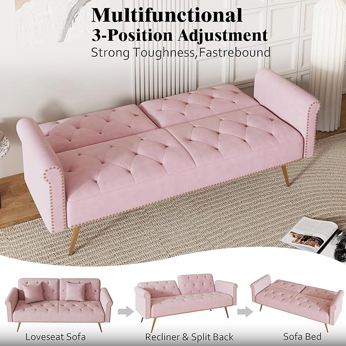 Stylish Velvet Sofa 70 Sofa Sleeper Convertible with Matching Pillows for Living RoomApartmentSmall Spaces (Pink)