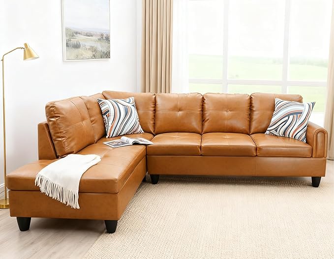 L Shaped Couch Sectional Couches with Chaise 3 Pieces Modular Convertible Sofa for Living Room Furniture Sets and Small Apartment Faux Leather Ginger