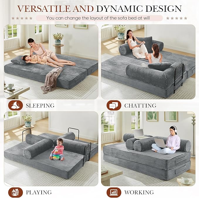 Antetek Modular Couch Bed Convertible Folding Plush Corduroy Comfy Floor Compression Loveseat Sleeper Sofa Couch King Size Bed for Guest Room Living Room Bedroom No Assembly Required Light Grey