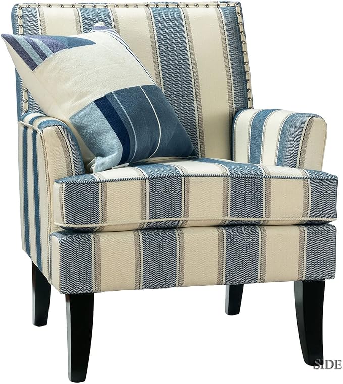 HULALA HOME Modern Accent Chair with Arms and Wooden Legs Mid Century Accent Chair Armchair High Back Rest Padded Armrest and Comfortable Cushioned Seat for Living Room (Stripe Blue)