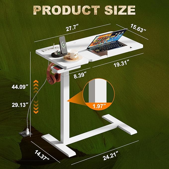 Standing Desk Medical Overbed Table with Rolling Tray and Power Outlet Dual Pneumatic Angle and Height Adjustable Desk Portable Side Table with Drawer Home &amp Hospital Use White