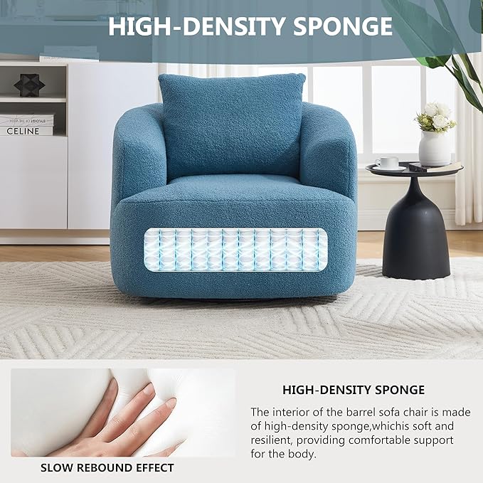 PELUMY Swivel Accent Chair Modern Round Barrel Chair Soft Teddy Fleece Fabric Swivel Chair for Living Room 360 Rotating Small Space Comfort Reading Chair No Tools Assembly (Blue)
