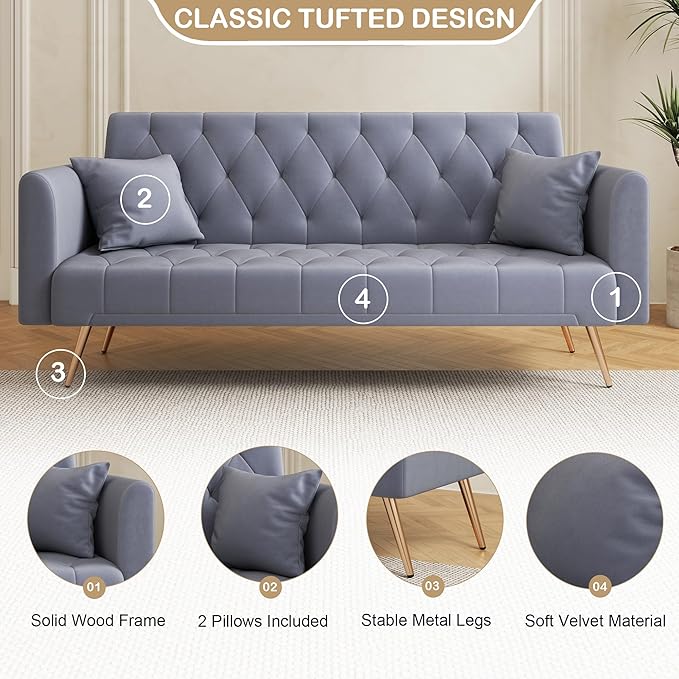 71 Futon Sofa Bed VelvetConvertible Sleeper Sofa CouchModern Folding Futonwith 3 Adjustable Backrests and 2 Pillowsfor Small Living Room Bedroom Office (Grey)