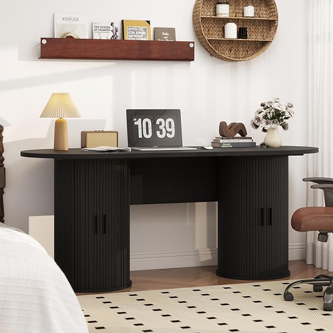 blini Executive Office Desk with Storage Fluted Wood Computer Desks with 2 Sliding Doors Mid Century Modern Oval Writing Table for Home Office Study Room Living Room