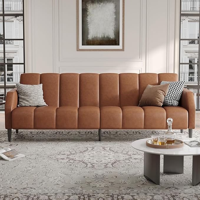 Fadware Faux Leather Couch Convertible Futon Sofa Bed with Adjustable Backrest Mid Century Leather Sofa Loveseat with Side Pockets&amp Metal Leg Modern Leather Sleeper Sofa for Living Room Bedroom