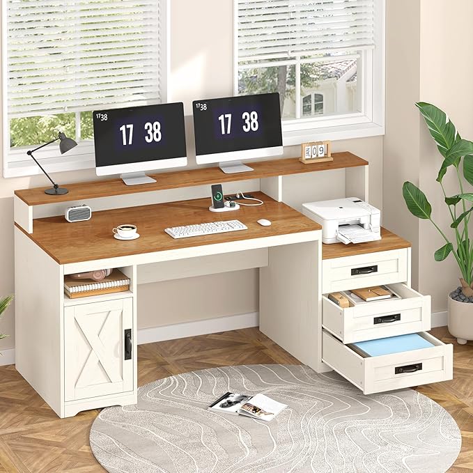 TVU Farmhouse Computer Desk with Drawers 65'' Home Office Desk with Power Outlets Storage Cabinet and Printer Stand Study Writing Desks with Long Monitor Stand Brown and White