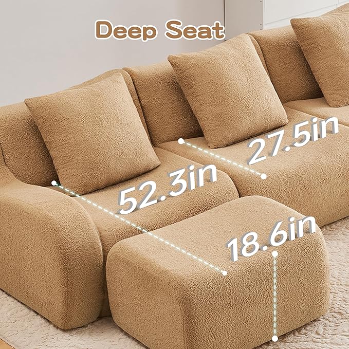 Boneless Cloud Couch Modular Sectional Sofa U Shaped Couch 3 Seater Comfy Teddy Sofa Deep Seat Sectional Couches for Living Room Oversized Floor Couches with Ottoman No Assembly Camel