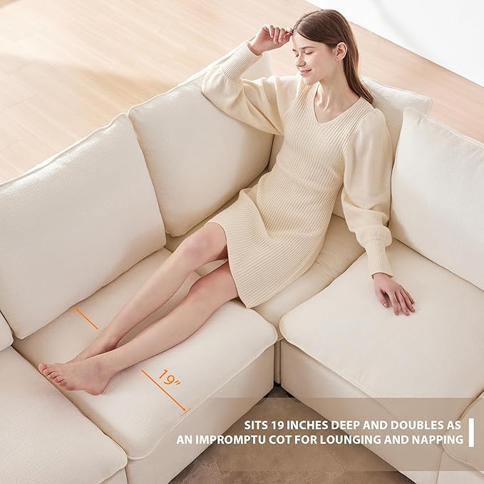 117 Modular Sectional Sofa with Movable ChaiseModern Chenille Cloud Sectional Couch with Deep SeatU Shaped Compressed Boneless Sofa for Living RoomNo Assembly Required (Beige)