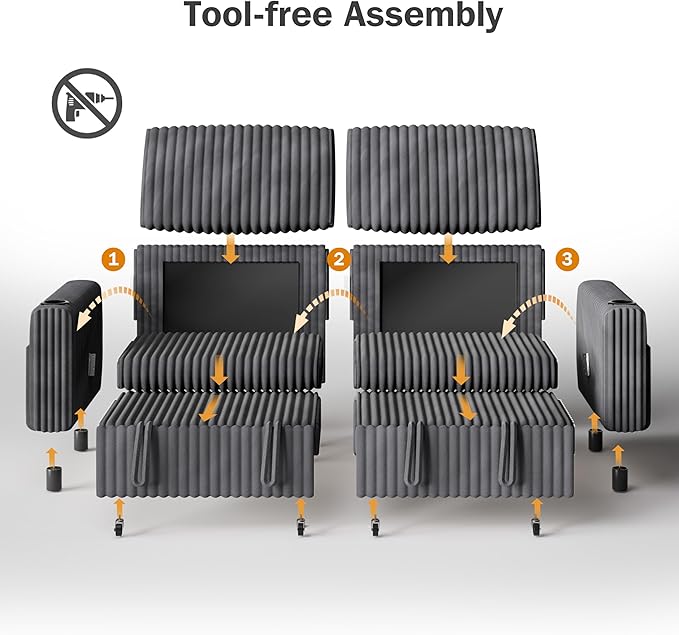 Sunny Heart 91 Plush Corduroy L Shaped Sectional Sleeper Sofa Bed with Pull Out Bed Reclining Backrest Reversible Storage Chaise USB Ports Cup Holders Tool Free Assembly Darke Grey