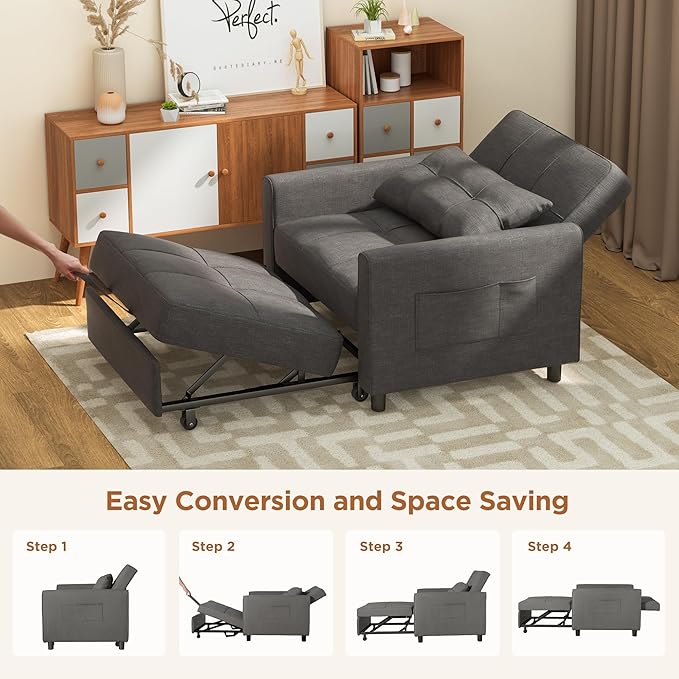 Aiho 34-Inch Sleeper Chair Bed 3-in-1 Convertible Sofa Bed with Adjustable Backrest for Living Room or Apartment (Dark Gray)