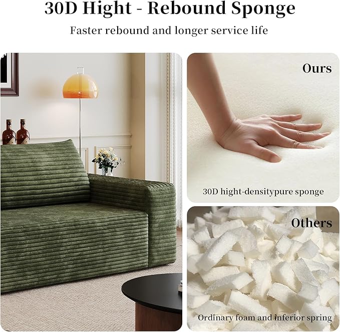 71 Cloud Loveseat Boneless Sofa Couch in a Box Green 3 Seater Foam Compression for Small CouchesApartmentLiving Room Bedroom Meeting Room ApartmentDorm No Assembly Required