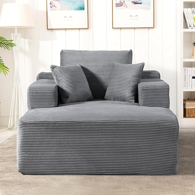 Monroe Convertible Chaise Lounge Chair Indoor – Oversized Corduroy Couch with Wide Armrest &amp Throw Pillows Cozy Boneless Sleeper Sofa Bed Armchair Dark Grey