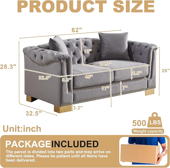 62 Chesterfield Loveseat Grey Velvet Combination Sofa 2 Cushion Classic 6.5 Rolled Arm Modern Couch Suitable for Living Room