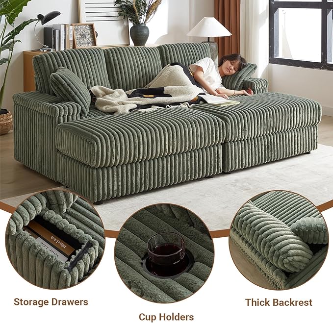 84 Cloud Sectional Couch Plush Corduroy Sofa with 2 Ottoman 2storage Spaces and Cup-Holding 3-Seat Memory Foam Cloud Couch sectional couches for Living Room Apartment (Army Green)