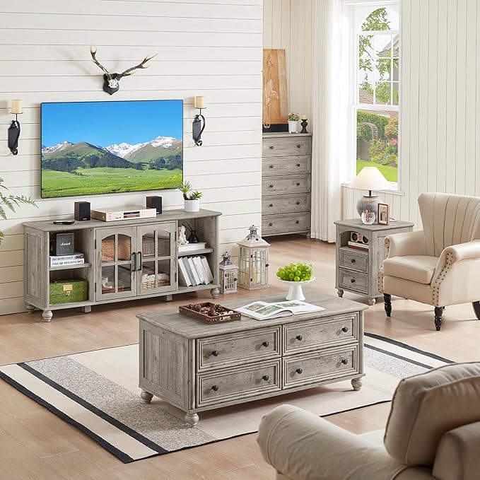 Farmhouse TV Stand for 60 Inch TV Wood Entertainment Center with Glass Door Storage Cabinet &amp Adjustable ShelvesTelevision Stands for 65 TVS Grey TV Console Table for Living RoomBedroom