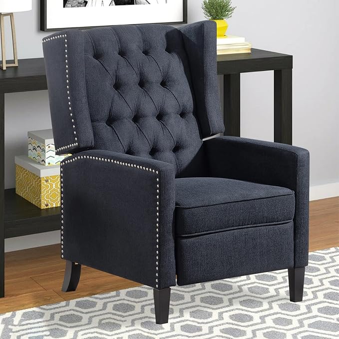 Black Mid Century Modern Recliner Wingback Accent Chair with Push Back Mechanism Button Tufted Fabric Sofa &amp Nailhead Trim - Comfy Living Room Seating for Home Theater Office