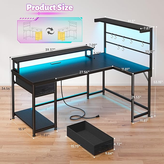 EnHomee 52.2'' Gaming Desk with LED Lights &amp Fabric Drawer L Shaped Computer Desk with Ergonomic Monitor Stand Reversible Office Desk with Hutch &amp Power OutletCorner Desk with HooksBlack