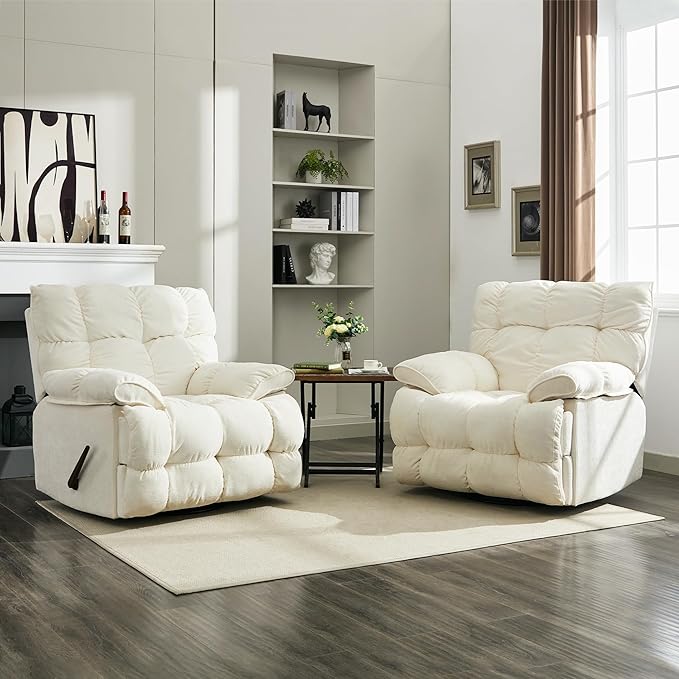 Oversized Rocker Recliner Chair for AdultsOverstuffed 360° Swivel Rocking Recliner Extra Wide Breathable Fabric Manual Reclining Single Sofa for Living Room (White)