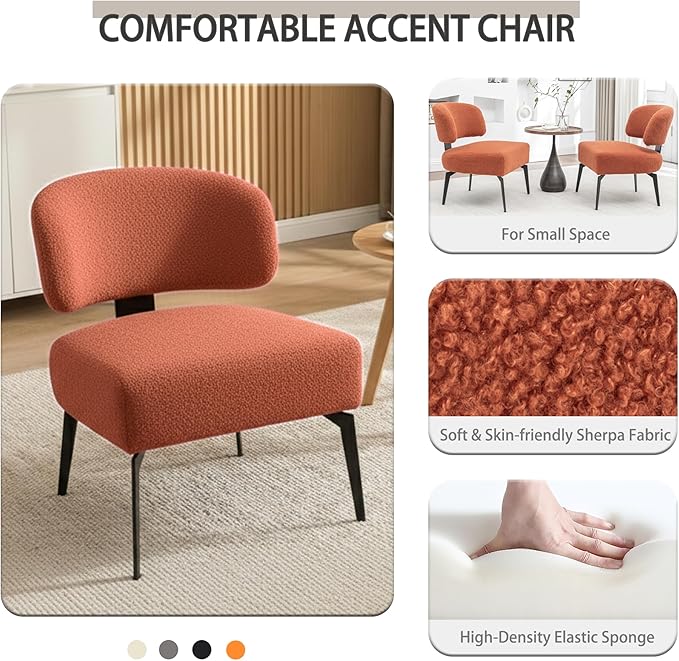 Modern Sherpa Accent Chair Round Boucle Upholstered Barrel Arm Chair for Small Spaces Fluffy Side Corner Sofa Chair for Living Room Bedroom Vanity Office Reading Room(Orange)