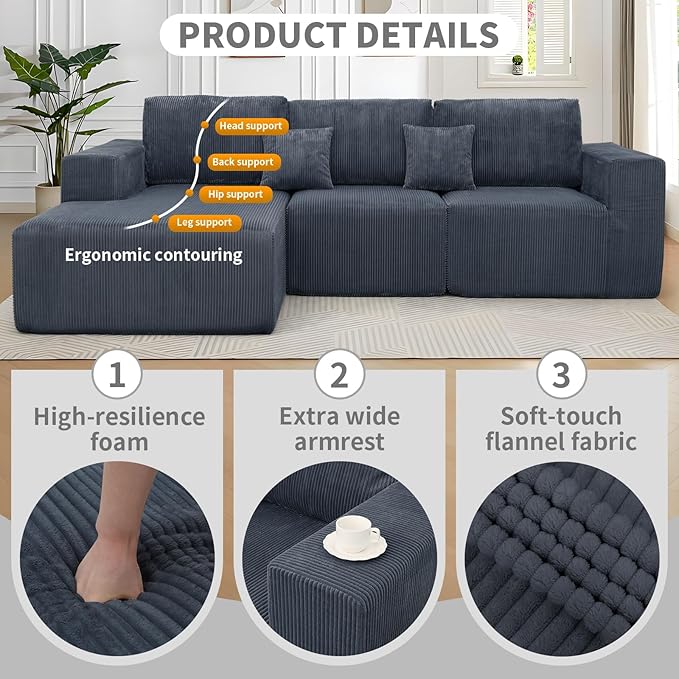 3 Pieces Boneless Couches for Living Room L-Shape Chaise Cloud Couch Modular Sectional Deep Seat 111 Compressed Couches for Living Room Bedroom Plush Corduroy Fabric No Assembly Required Dark Grey