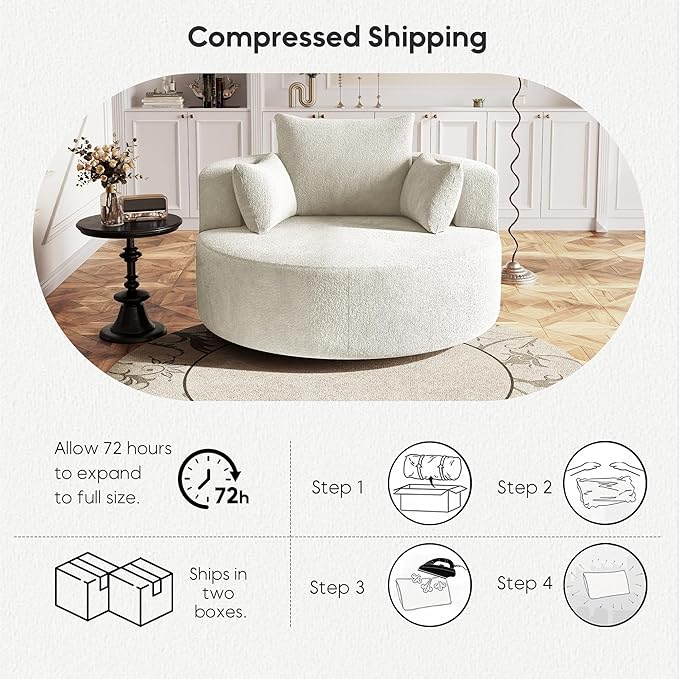 Oversized 360° Swivel Barrel Chair for Living Room Modern Comfy 56.3'' Round Boucle Reading Accent Chair with Extra Wide &amp Deep Seat Overstuffed Cushions Easy Assembly Cream White