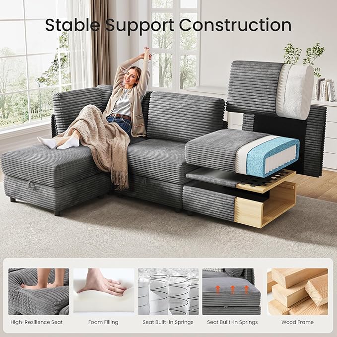 KKL Modular Sectional Sofa Bed with Storage Ottoman Convertible L/U/J-Shaped Sleeper Couch Plush Wide-Wale Corduroy for Living Room Apartment Modern Design Gray