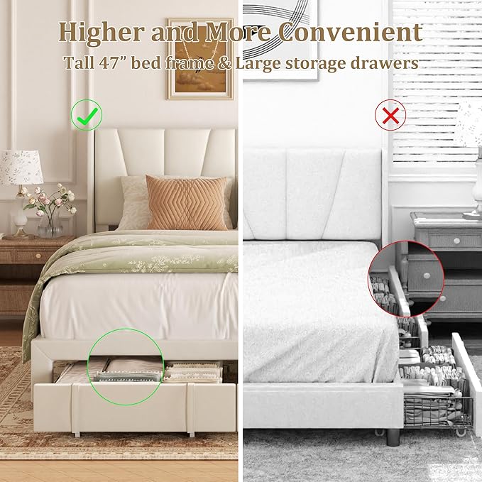 Queen Bed Frame with Storage Drawers Upholstered Queen Size Platform Bed with 47 Tall Headboard and Wingboard No Box Spring Needed Noise Free Easy Assembly Wooden Support Slats Beige
