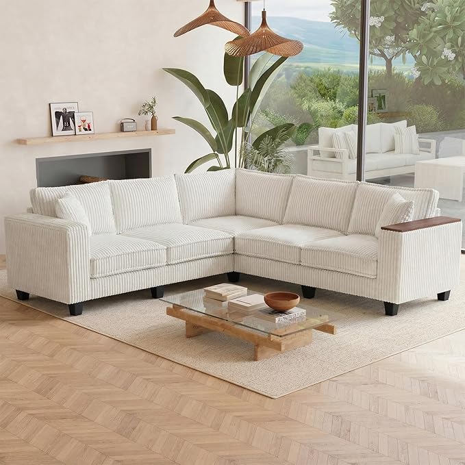 Corduroy Couch Sectional with 2 Pillows Oversized Corduroy Sofa L Shaped Couch Armrests with Two Hidden Storage Space Sectional Couches for Living Room Beige