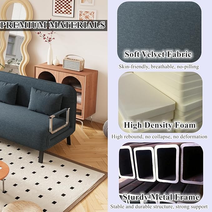 Tri-Fold Sofa Bed Twin Size Convertible Sleeper Sofa Bed with 6-Position Adjustable Backrest Velvet Upholstered Folding Chaise Lounge Couch for Home Office Gray