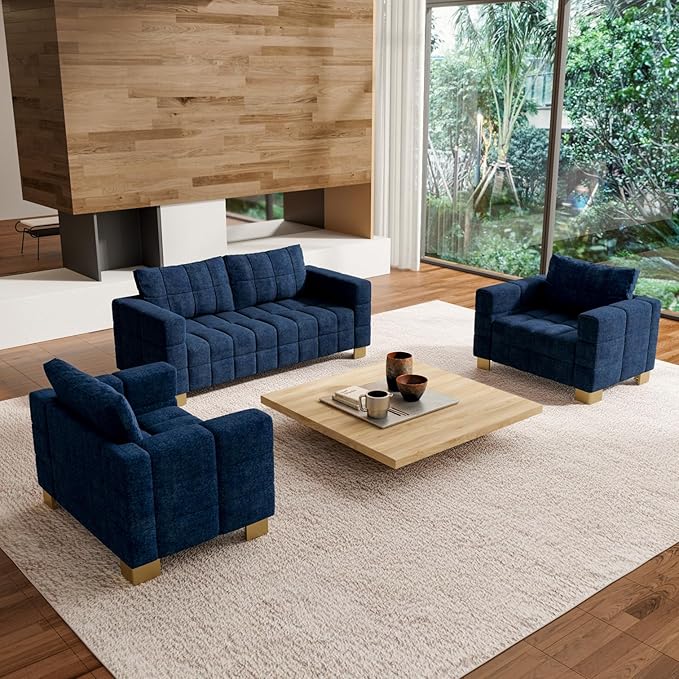 81.89 Sofa Comfy 3 Seat Sofa Tufted Chenille Upholstered Sofa Couch for Living Room with Gold Metal Legs and 2 Throw Pillows (Blue+1.5S+1.5S)