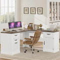 HIFIT Farmhouse Executive L Shaped Desk with Power Outlets 60 Corner Computer Desk with 3 Storage Drawers &amp 2 File Cabinets L Shaped Home Office Desk for Study White